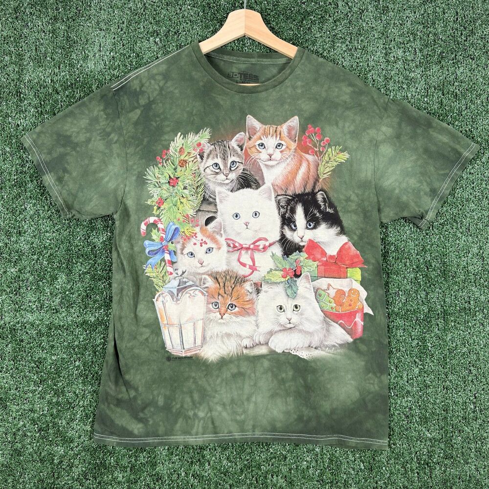 The Mountain Christmas Kittens Cats Graphic T Shirt Men Size L Green Tie Dye Y2K